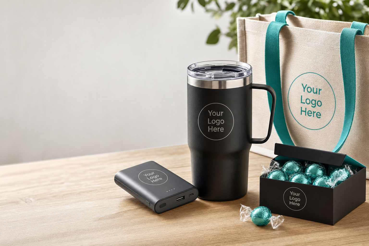 Selection of branded promotional items on a desk: insulated travel mug, compact power bank, eco tote bag and a small box of sweets, arranged as a customer appreciation gift set