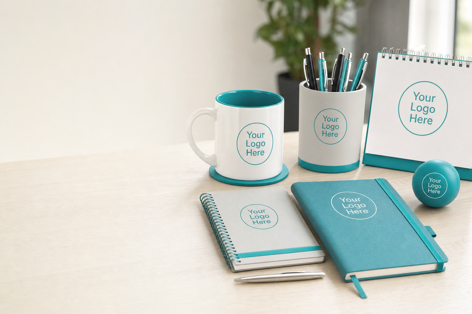 Office desk with branded ceramic mug, notepad, desk tidy, desktop calendar, stress toy and leather diary showing a company logo