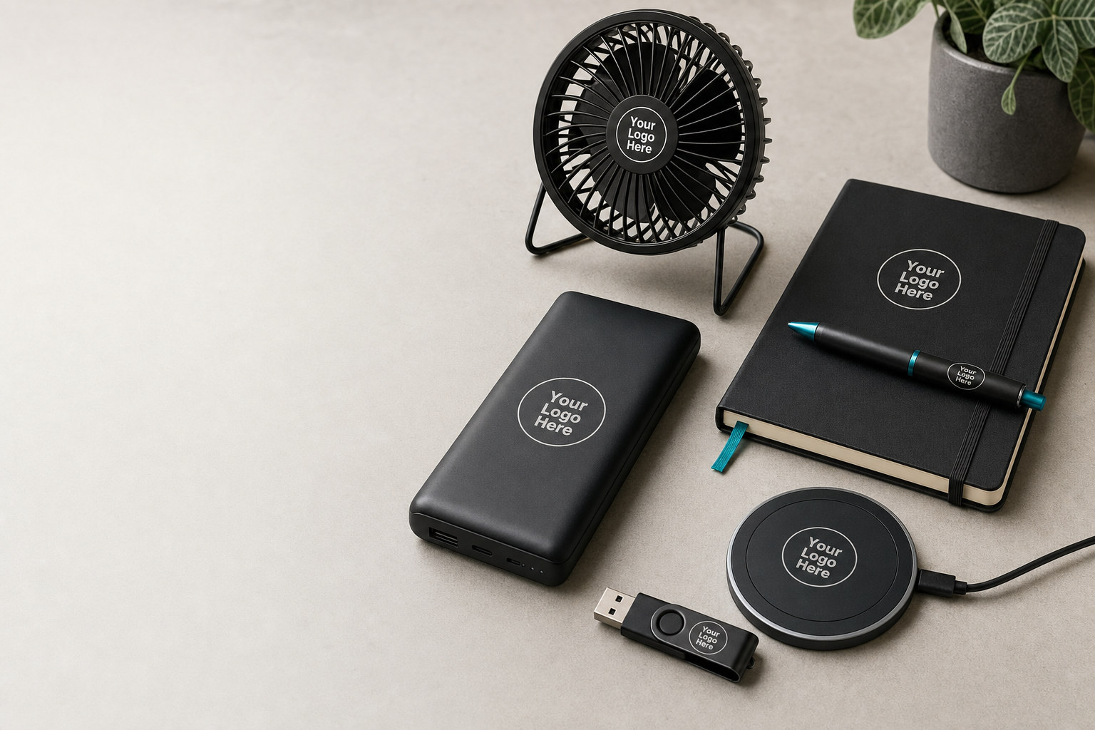 Branded tech promotional items on a desk: powerbank, wireless charger, USB stick and small desk fan beside a notebook.