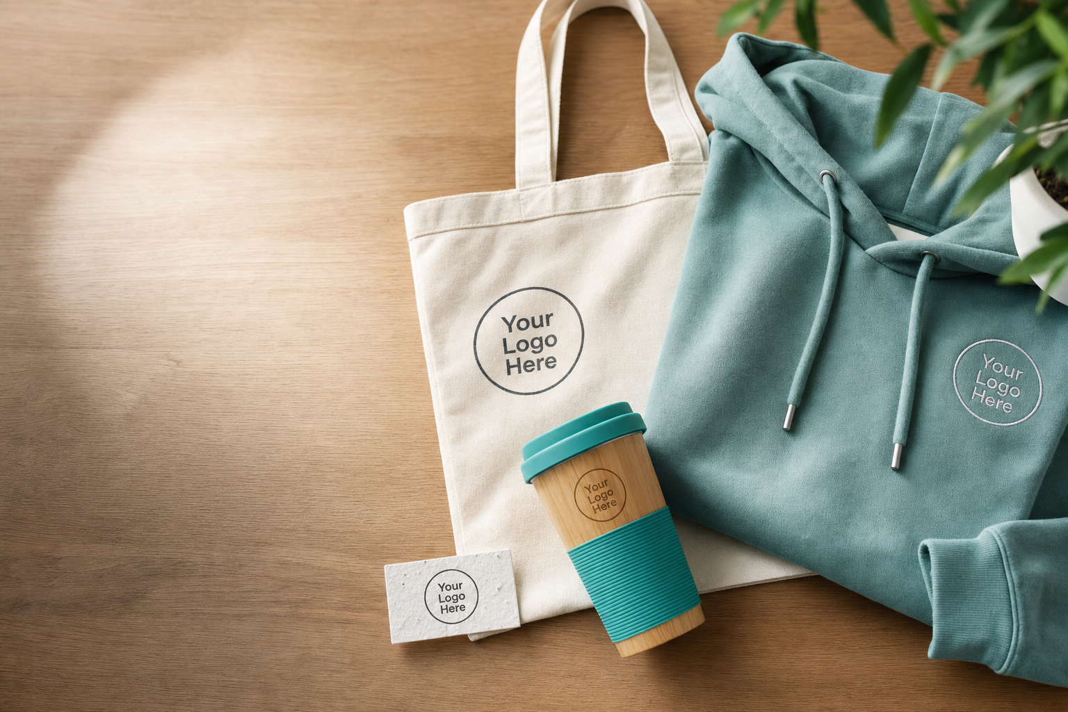 Organic cotton tote, bamboo travel mug, recycled PET hoodie and seed-paper business card arranged on a wooden table with a small branded logo