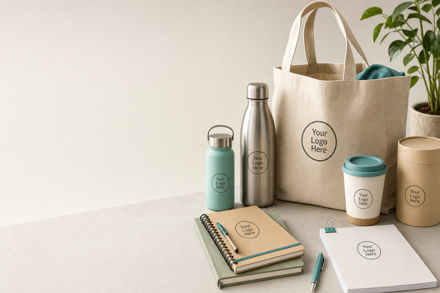 Sustainable branded items on a desk: recycled notebook, reusable bottle, compostable-wrapped gift and fabric tote alongside a campaign brief